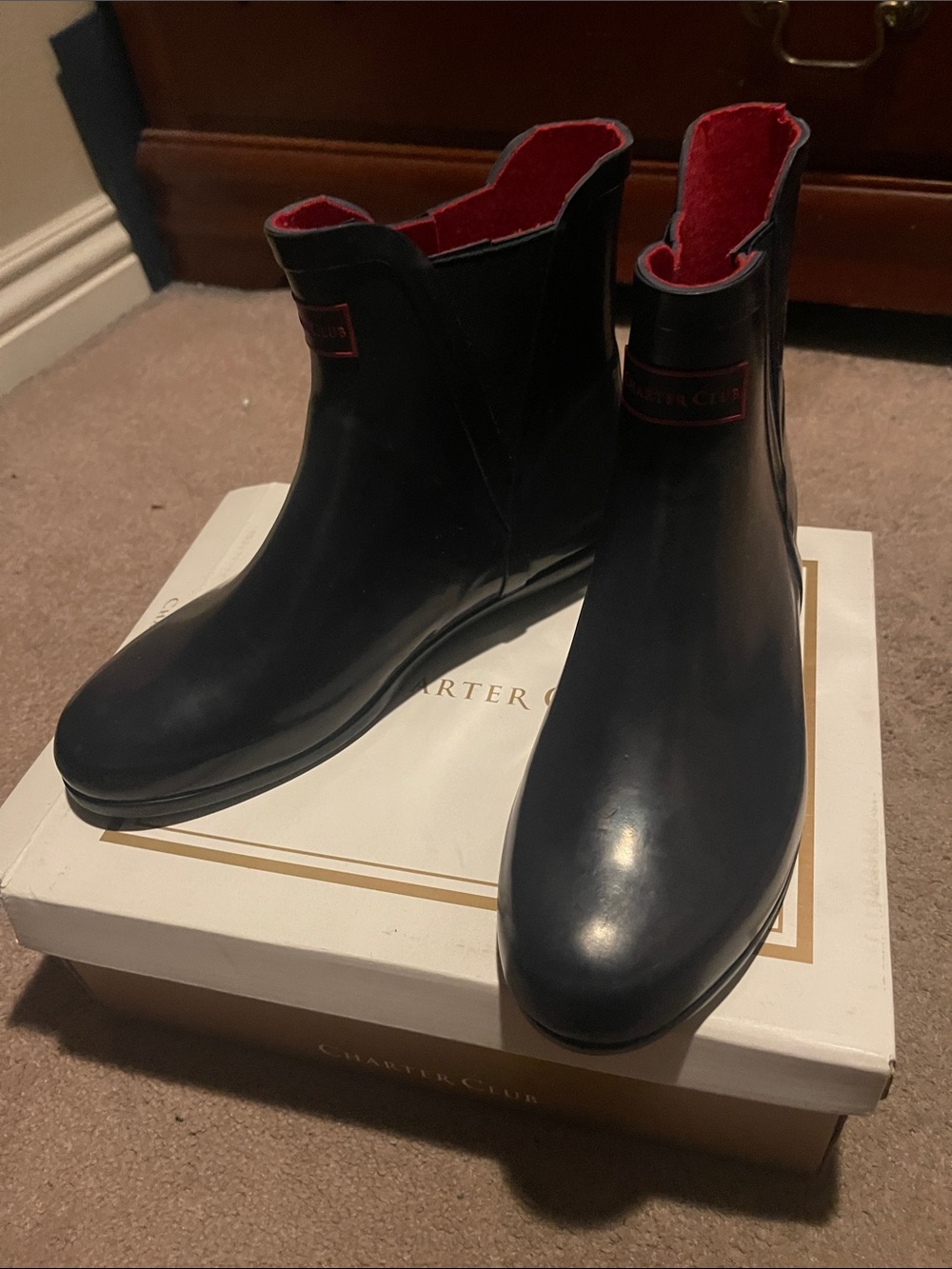 Charter Club  Navy Chelsea Rain Boots with Red Interior